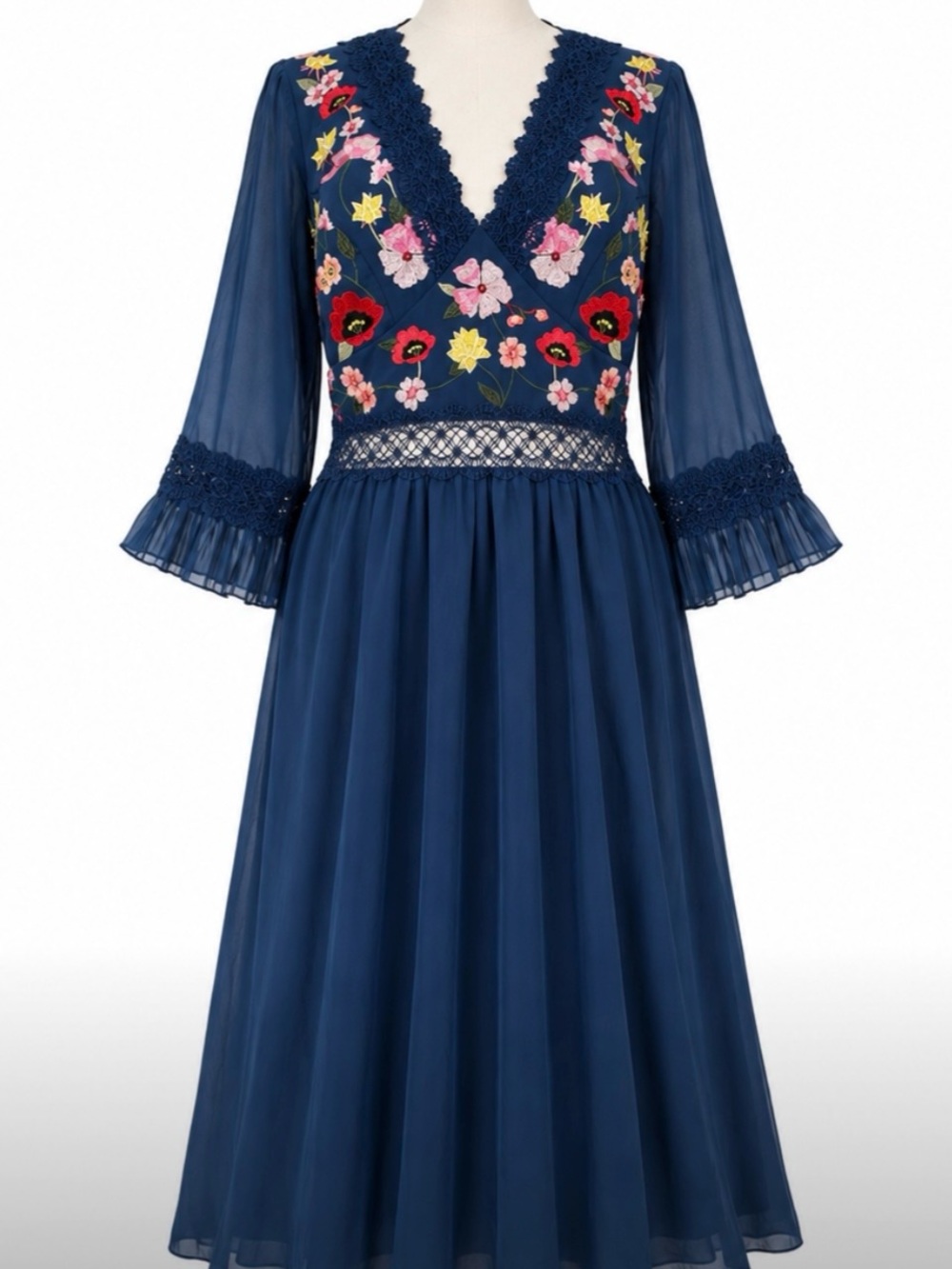 Cottagecore Boho Navy Floral Embroidered Crochet Lace Dress 8 Romantic Fairycore